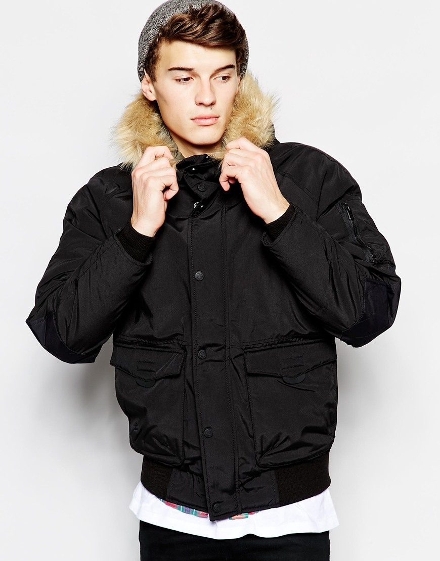 pull parka jacket with faux fur in black for lyst pull parka jacket with faux fur in black for lyst