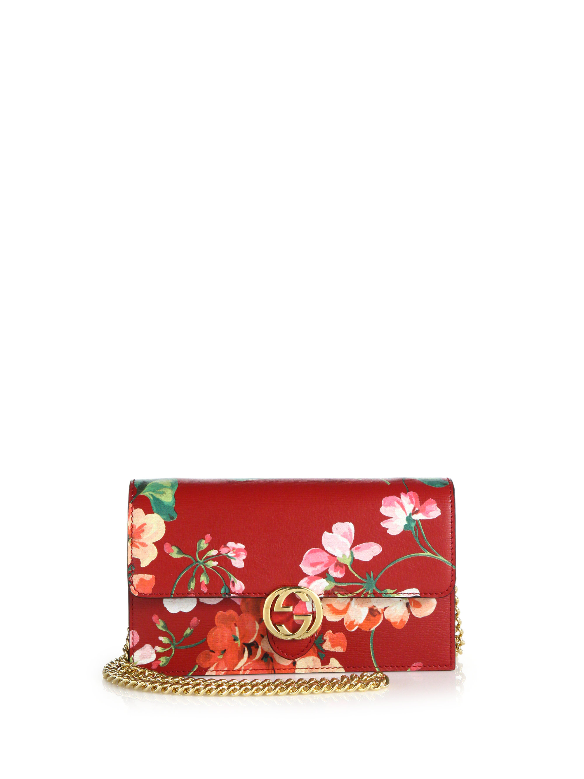 Lyst - Gucci Shanghai Blooms Leather Chain Wallet in Red