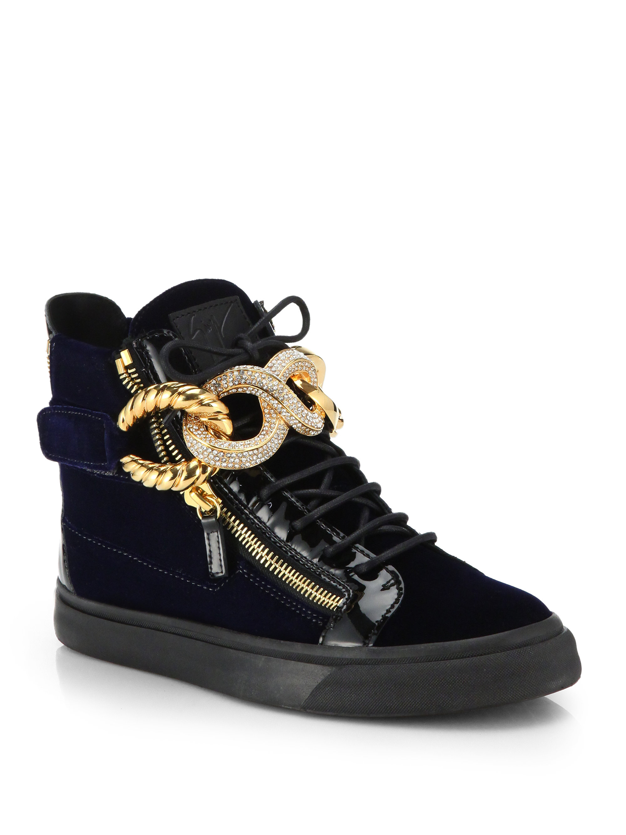 Giuseppe zanotti Patent And Velvet High-Top Sneakers in Blue for Men | Lyst