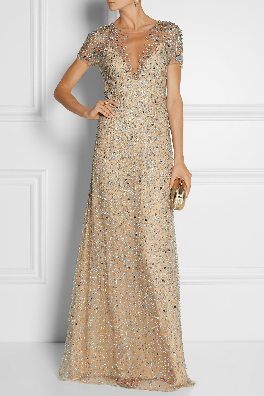 metallic floral print gown
