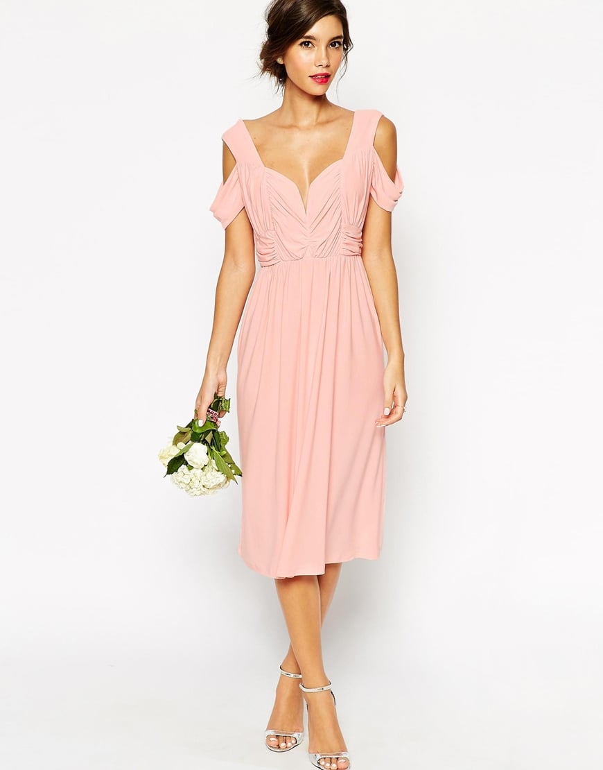  Asos  Wedding  Cold Shoulder Ruched Midi Dress  in Pink  