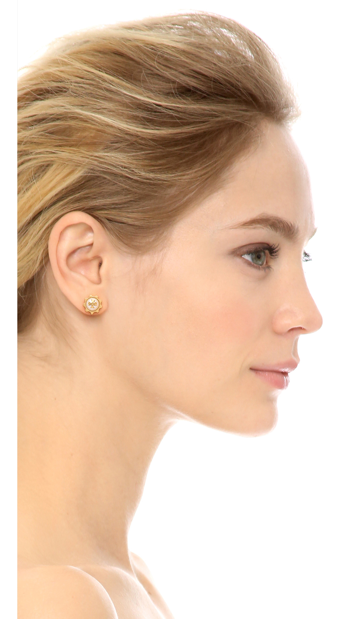 Lyst Tory Burch Gear Logo Stud Earrings Ivory Worn Gold In White Gallery