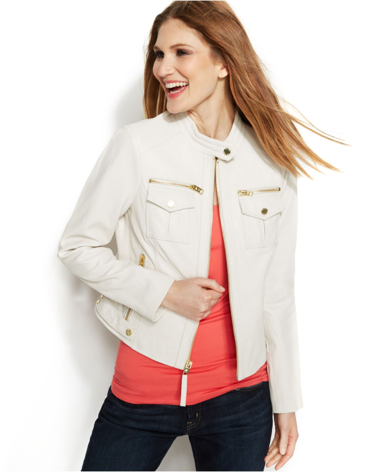 Lyst Michael Kors Petite Leather Moto Jacket In White Gallery