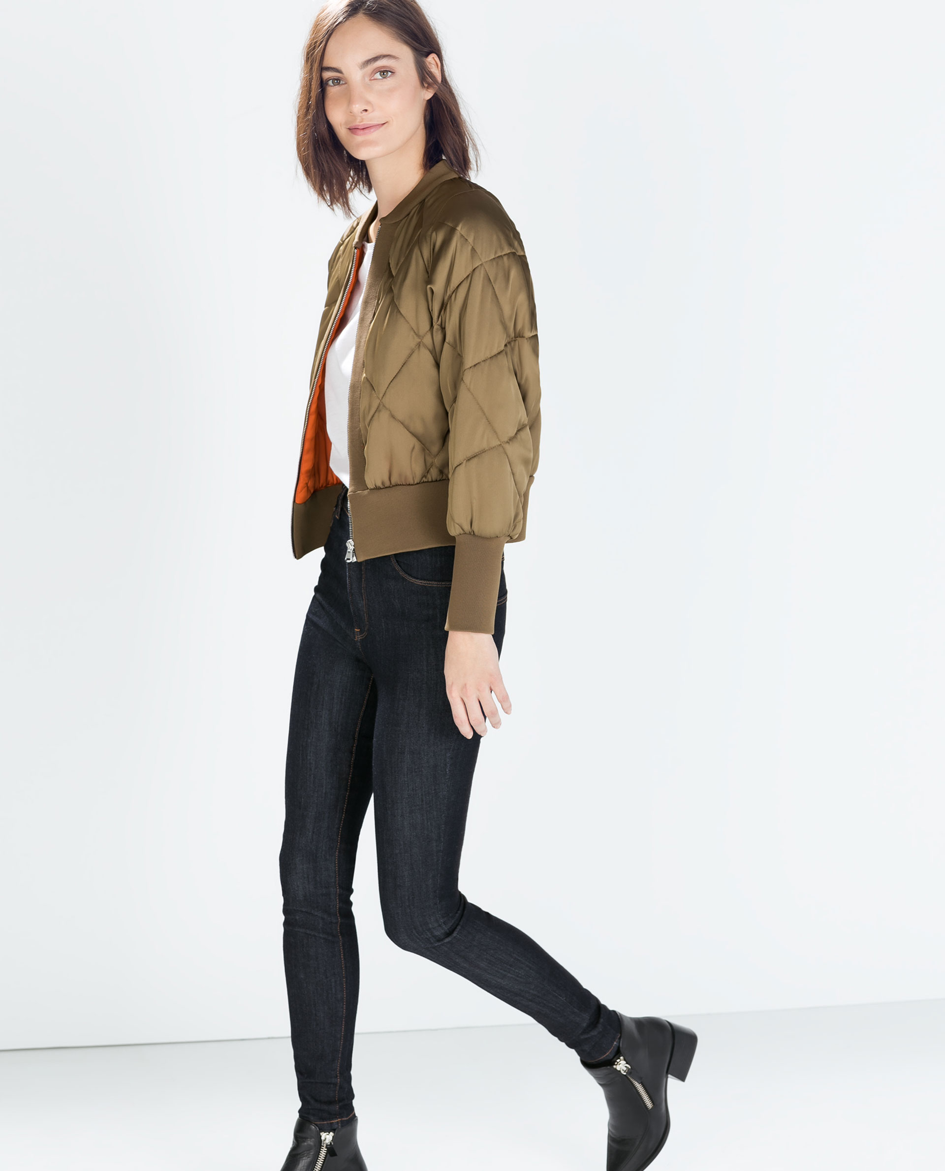 Zara Cropped Quilted Bomber Jacket in Natural | Lyst