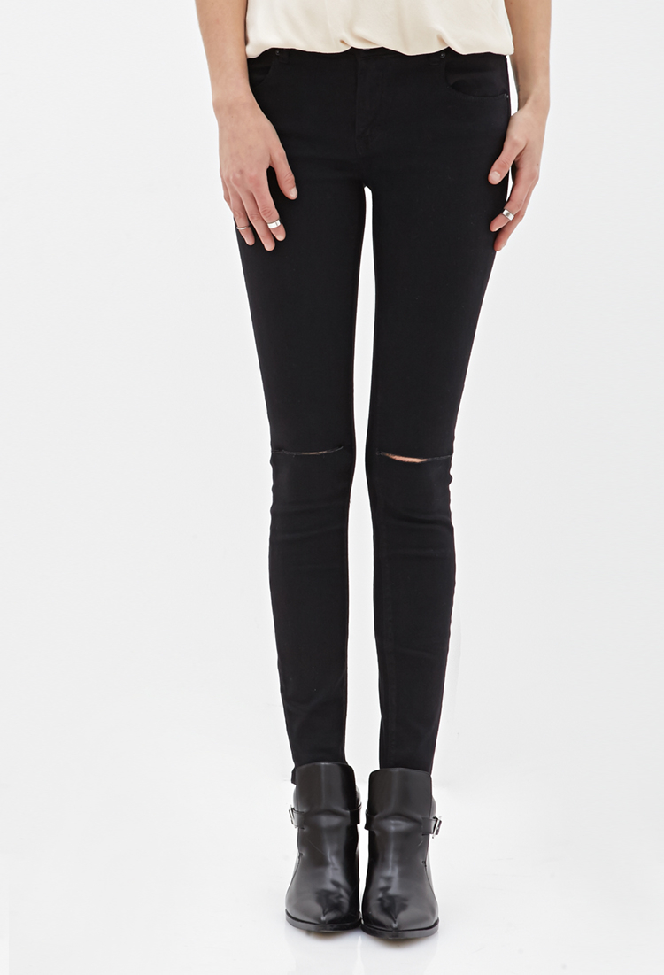 Forever 21 Ripped Skinny Jeans in Black | Lyst
