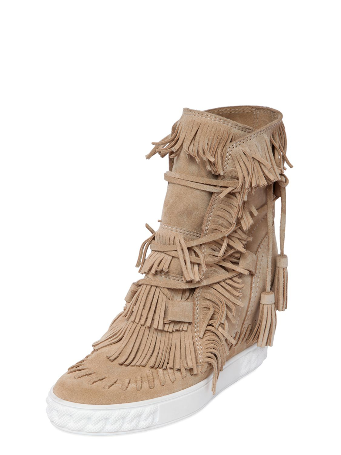 Casadei 80mm Fringe Suede Wedge Boots in Natural - Lyst