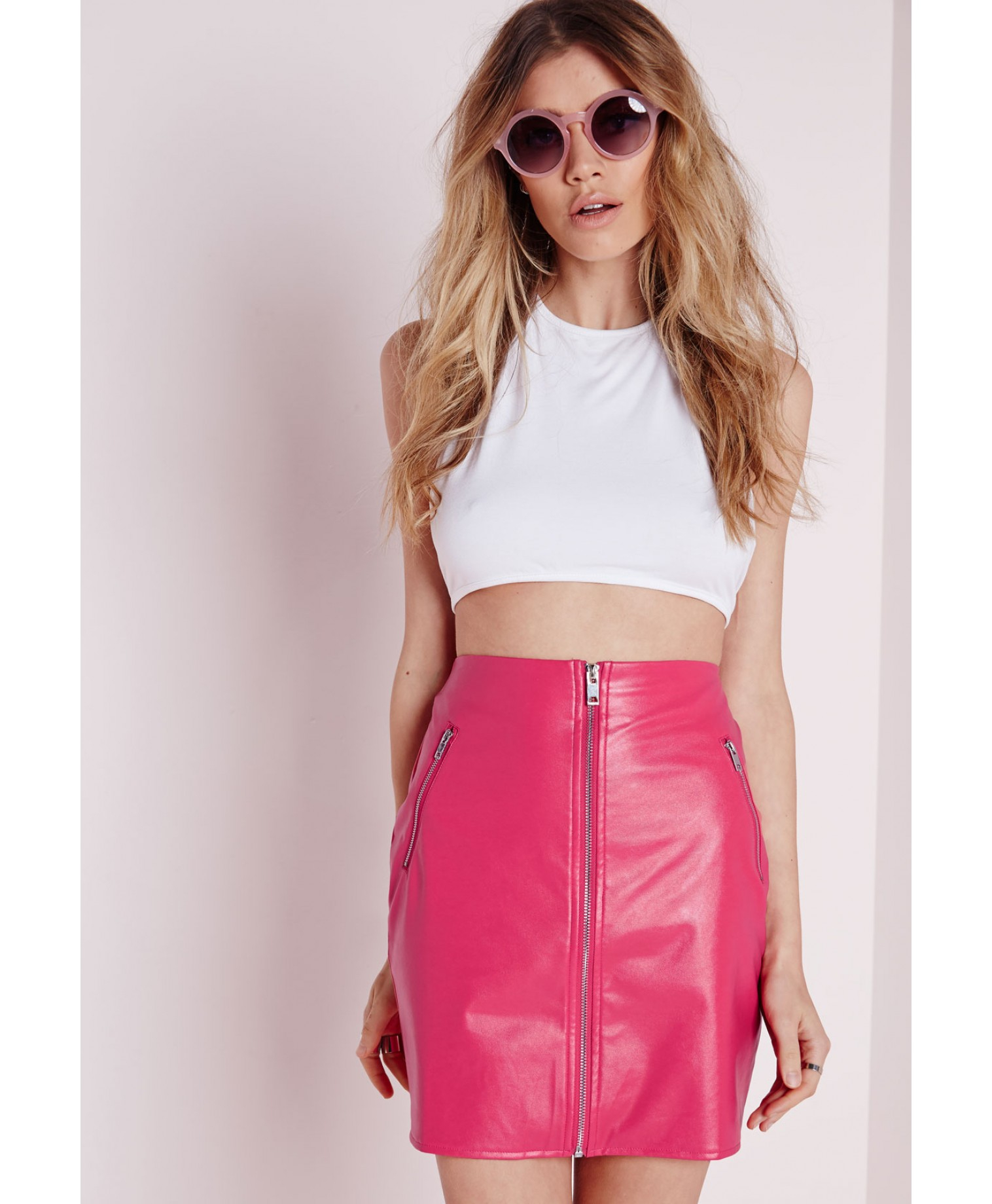 Missguided Zip Front Faux Leather Mini Skirt Pink in Pink | Lyst