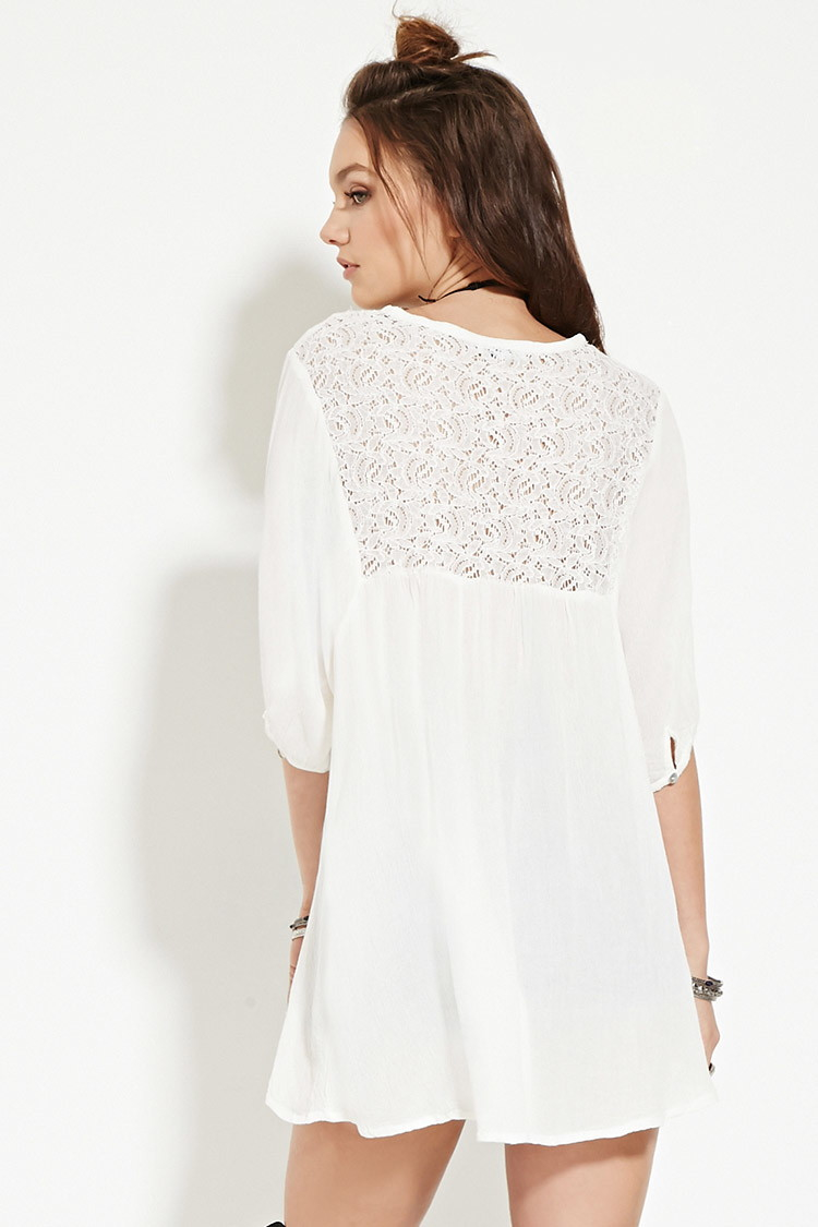 Lyst - Forever 21 Boho Me Lacy Floral Gauze Tunic in White