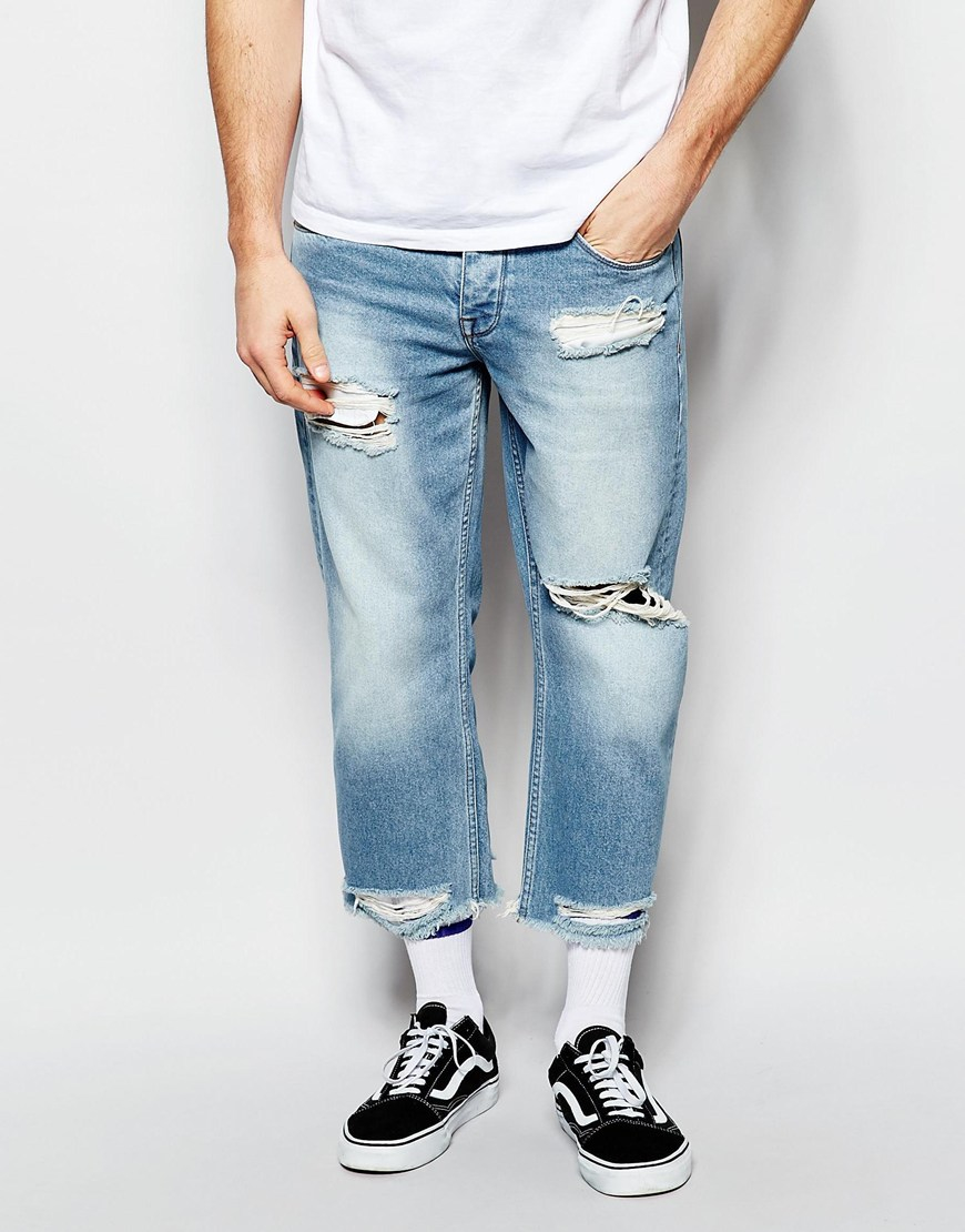 Lyst - Asos Relaxed Jeans In Cropped Length With Raw Edge Hem - Light ...