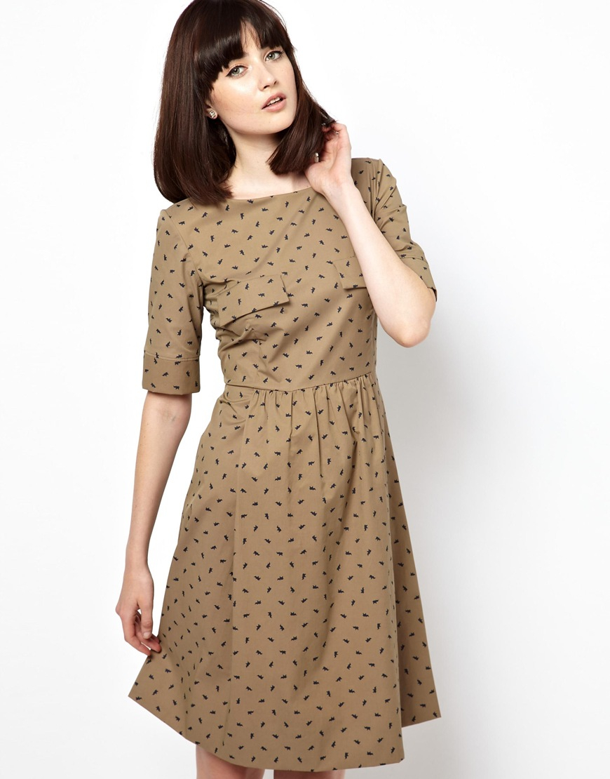 Orla kiely Short Sleeve Dress in Baby Rhino Print in Natural | Lyst