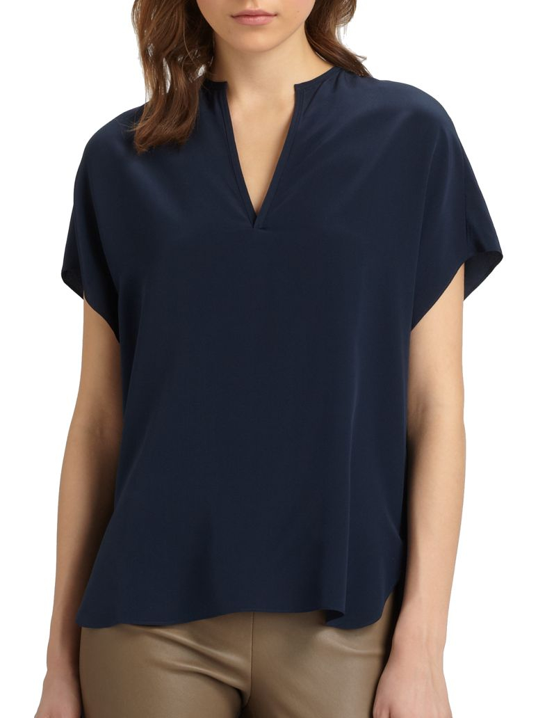 Lyst Vince Split Neck Silk Blouse In Blue 