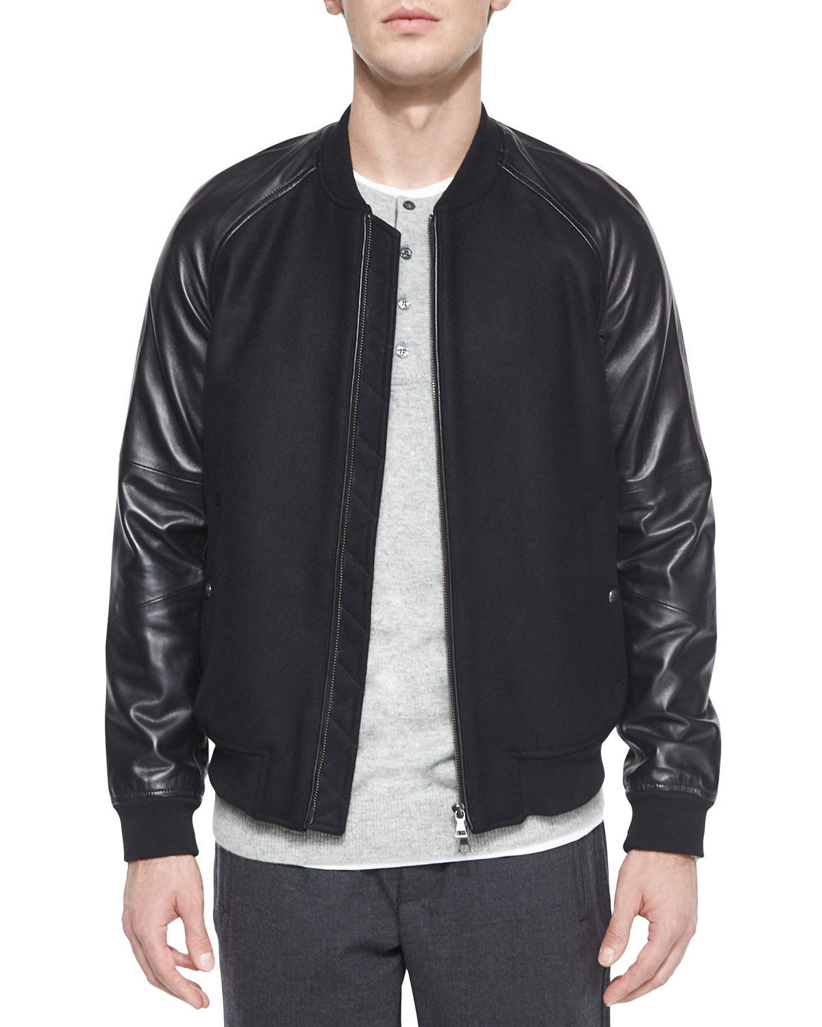 Lyst Vince Leather Sleeve Er Jacket In Black For Men Gallery