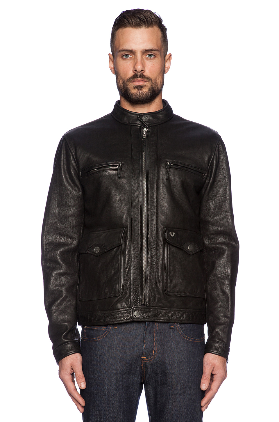 Lyst - True Religion Solid Leather Racer Jacket in Black for Men