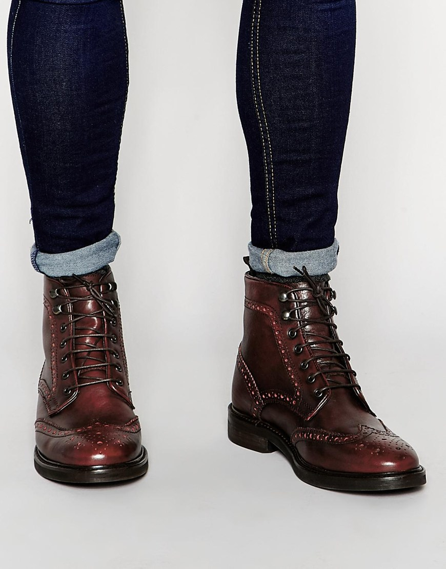 Lyst - Asos Brogue Boots In Burgundy Leather in Purple for Men