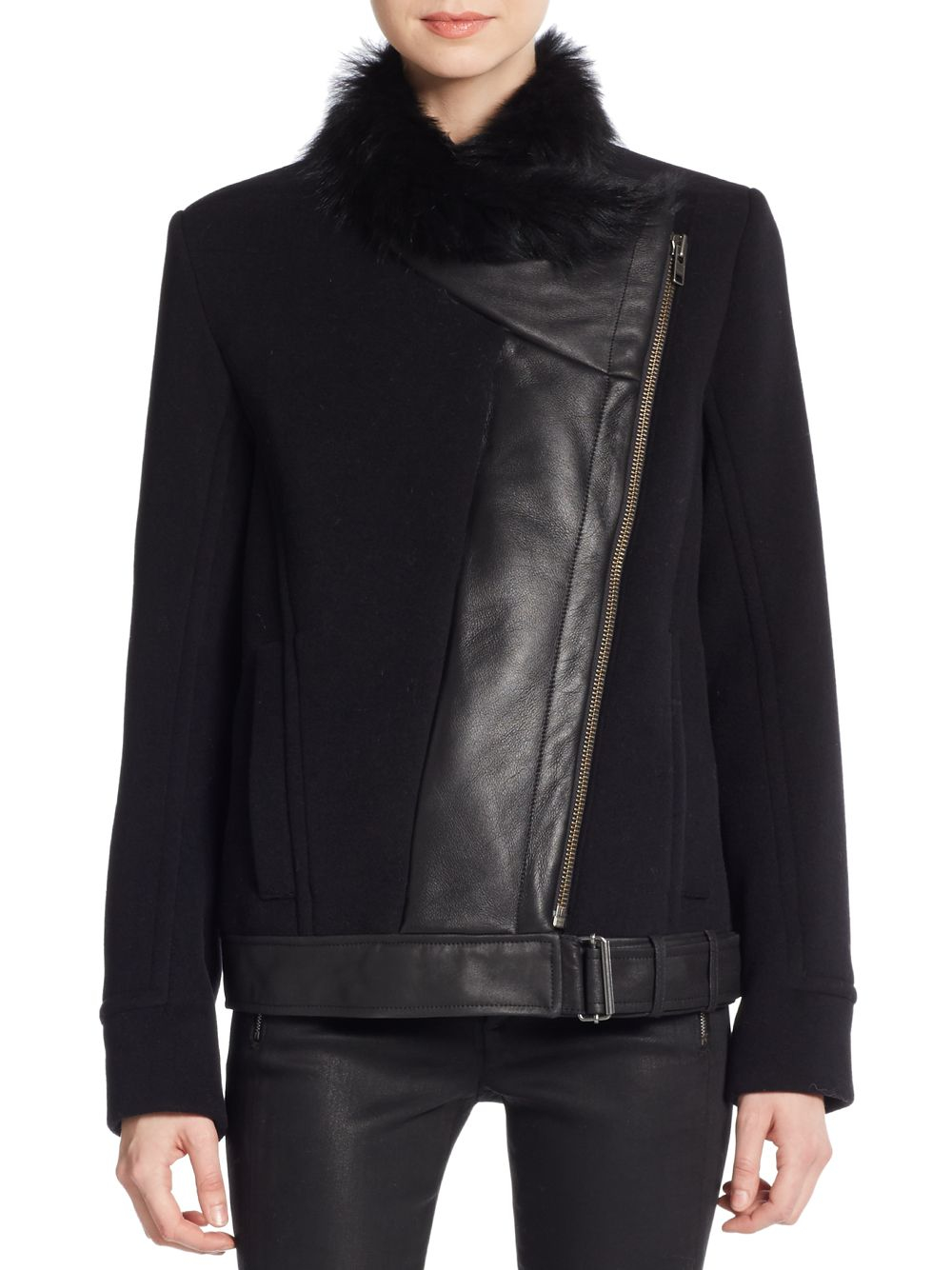 Lyst - Helmut Lang Fur-collar Leather & Wool Jacket in Black