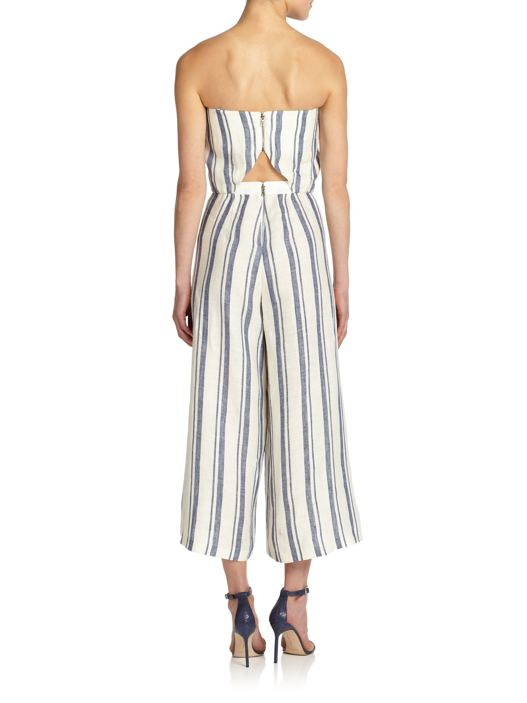 Alice Olivia Lucie Striped Linen Jumpsuit In Blue Lyst