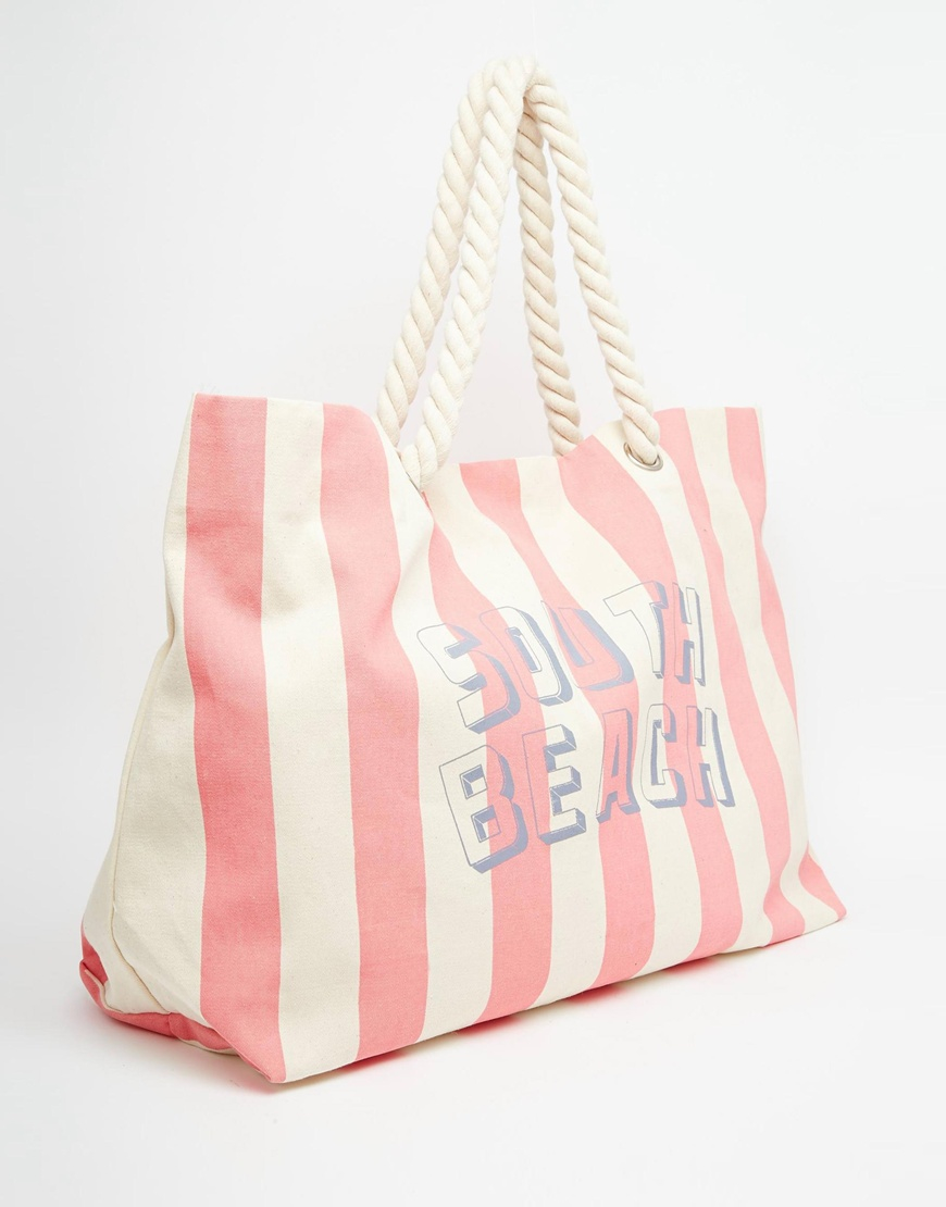 South beach Pink Striped Beach Bag With Rope Handle in Pink | Lyst