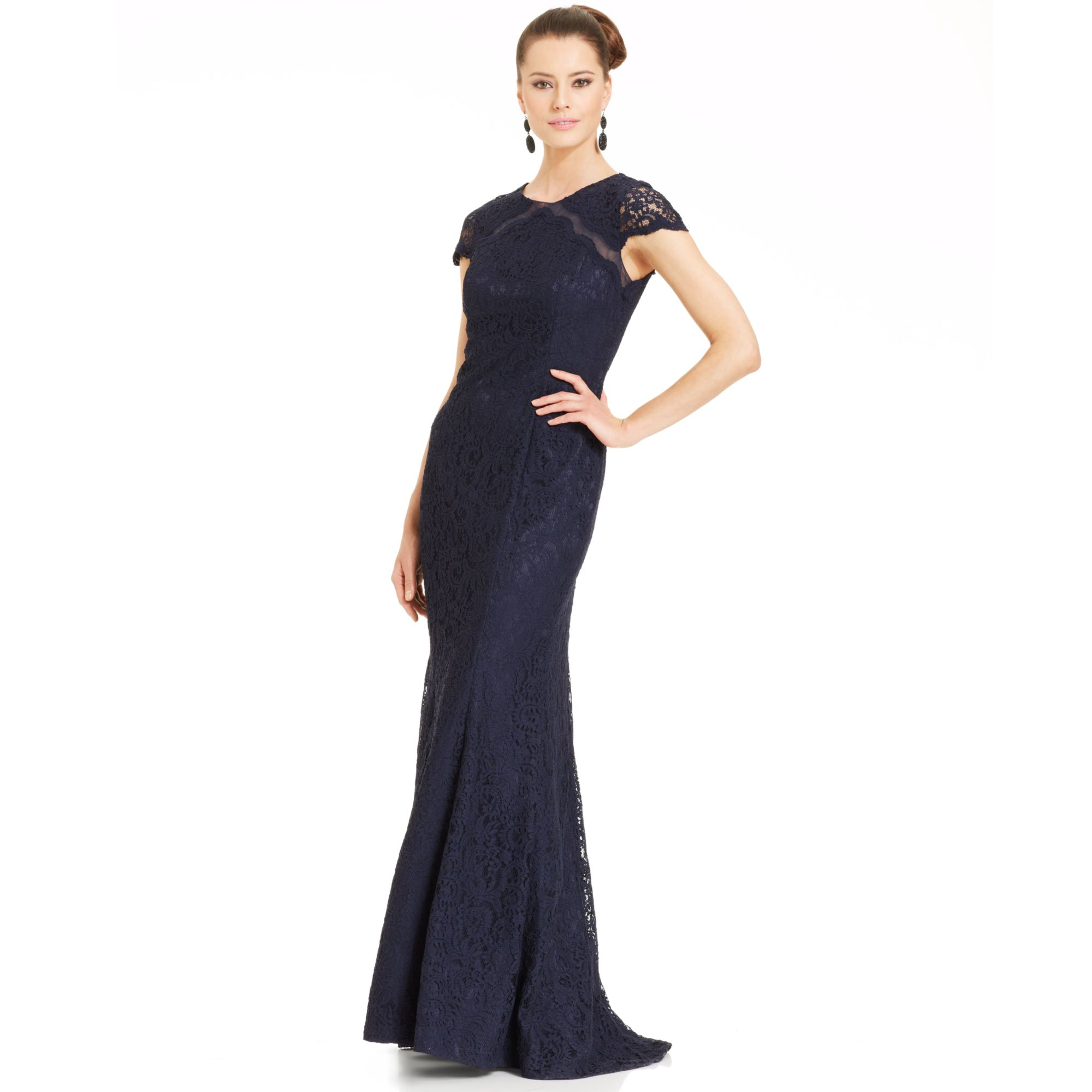 Lyst - Js collections Js Boutique Capsleeve Lace Mermaid Gown in Blue