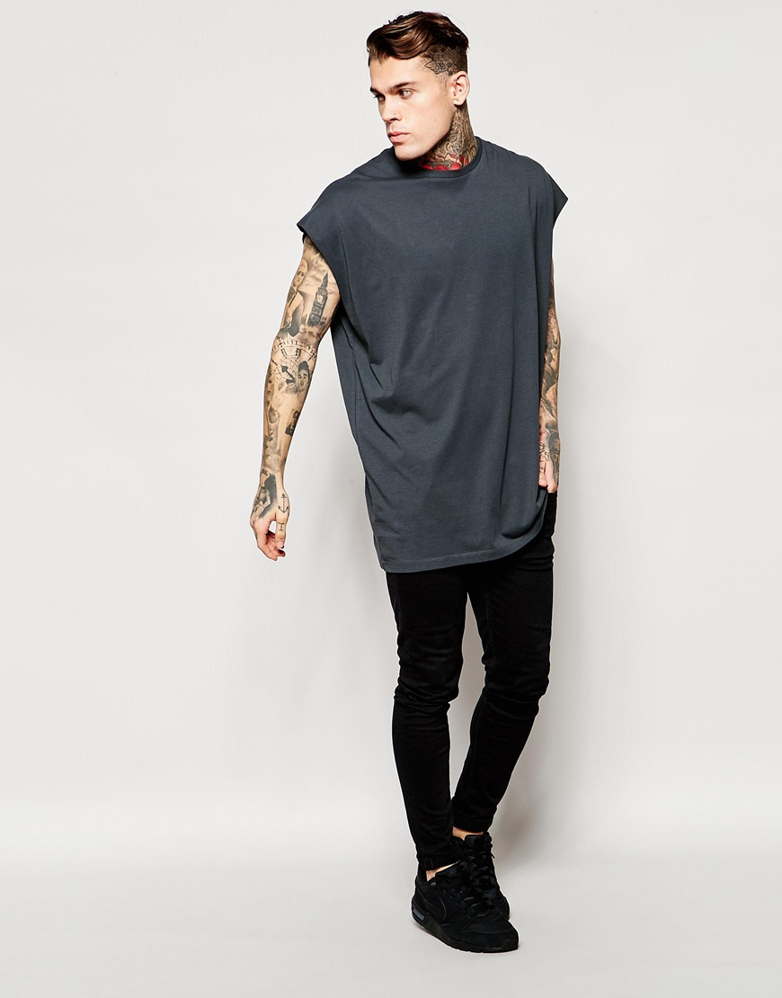 Asos Super Oversized Sleeveless T-shirt In Grey With Raw Edge in Black ...