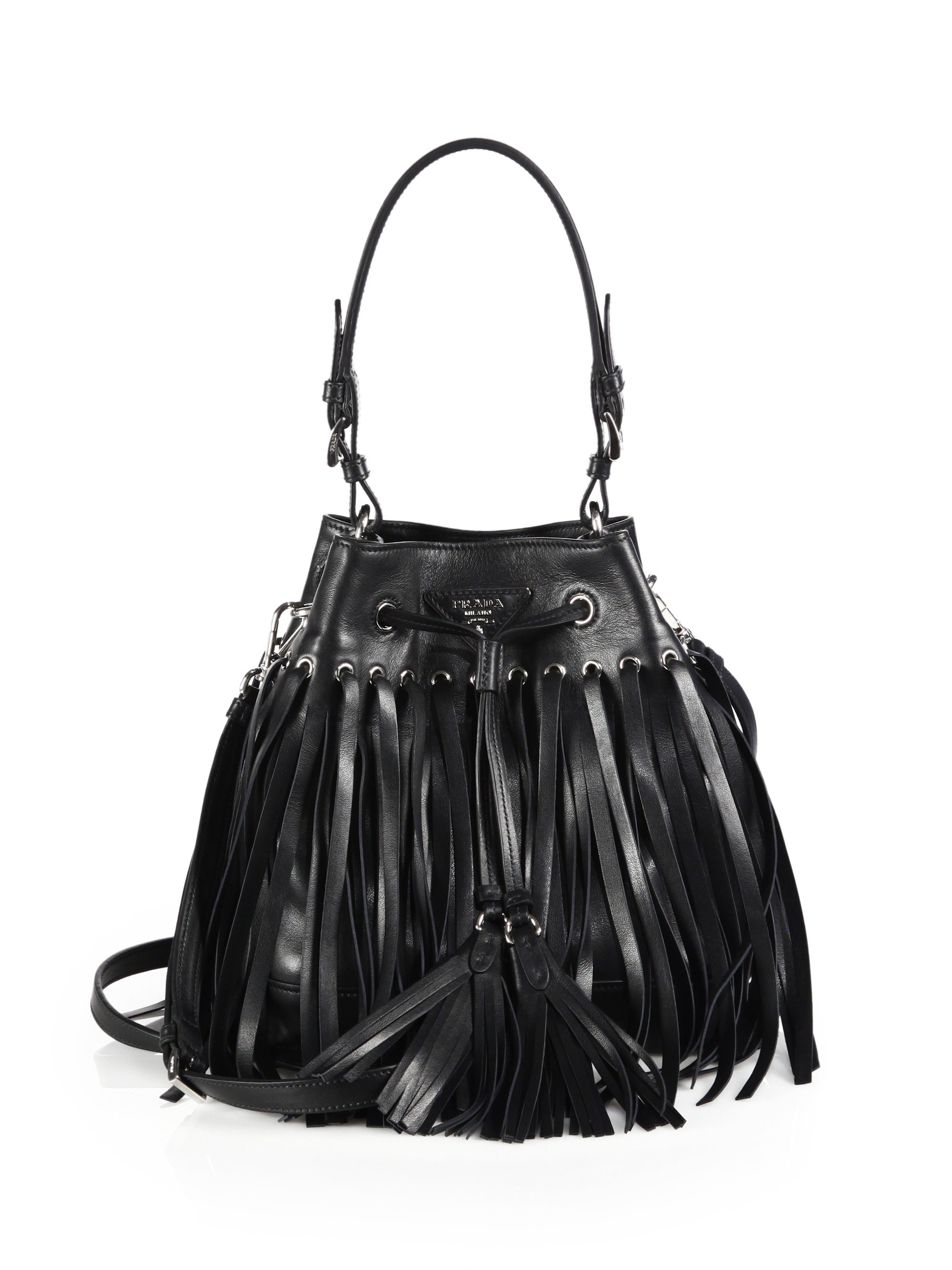 Prada Leather Fringe Bucket Bag in Black (NERO-BLACK) | Lyst  