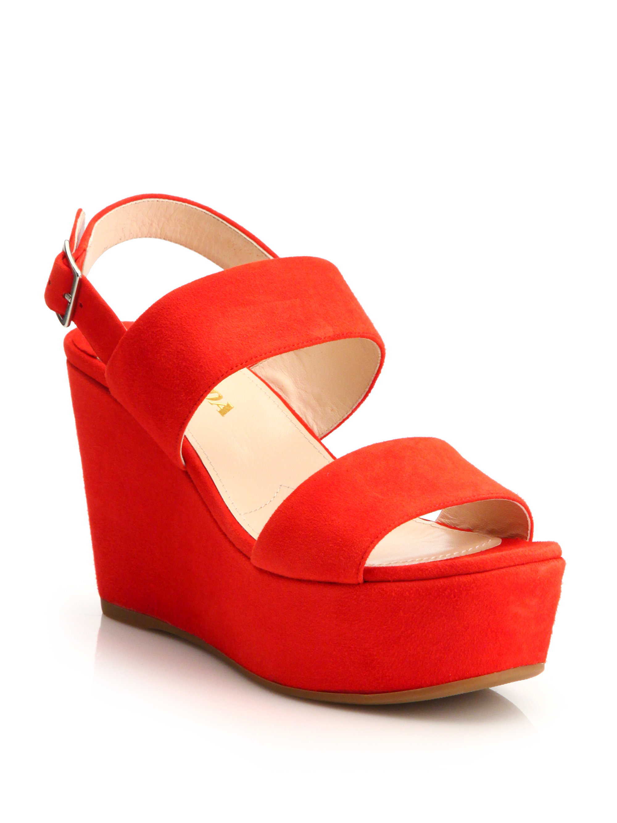 Prada Suede Platform Wedge Sandals in Red | Lyst