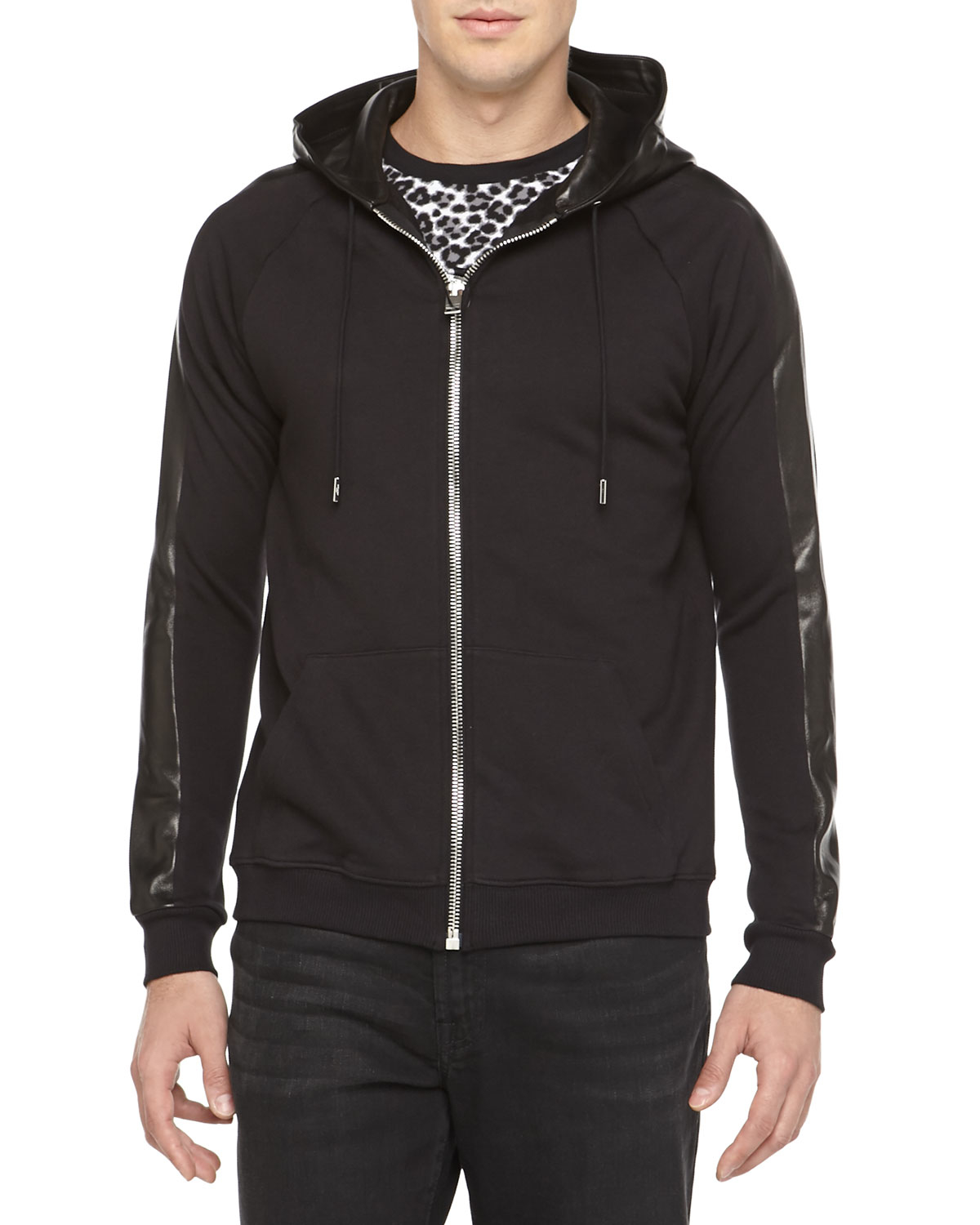 Lyst - Saint Laurent Zip Hoodie With Leather Hood in Black for Men
