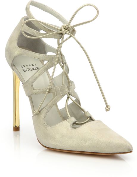 Stuart Weitzman | Beige Excite Shimmer Suede Lace-up Pumps | Lyst