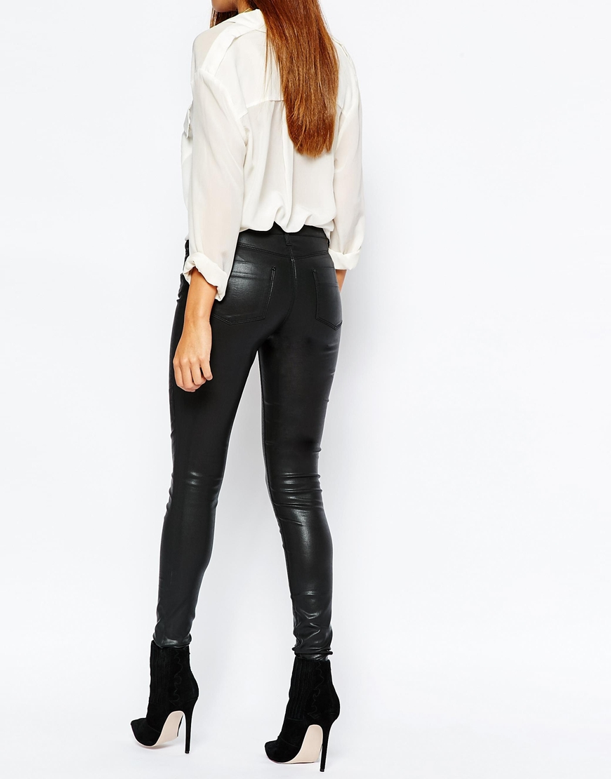 Warehouse Leather Look Coated Jeans in Black | Lyst