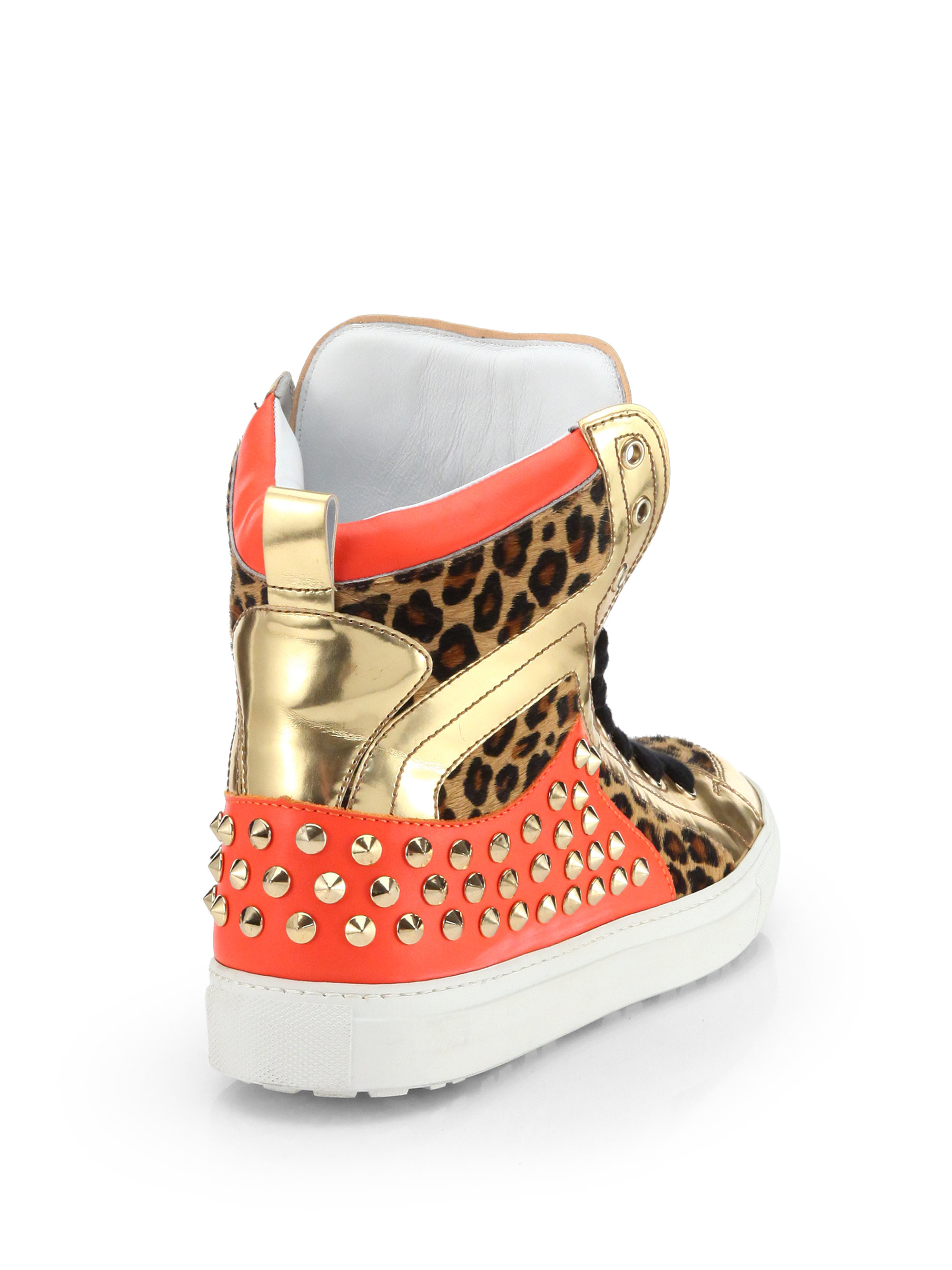 slide sneakers with leopard print pony skin inserts
