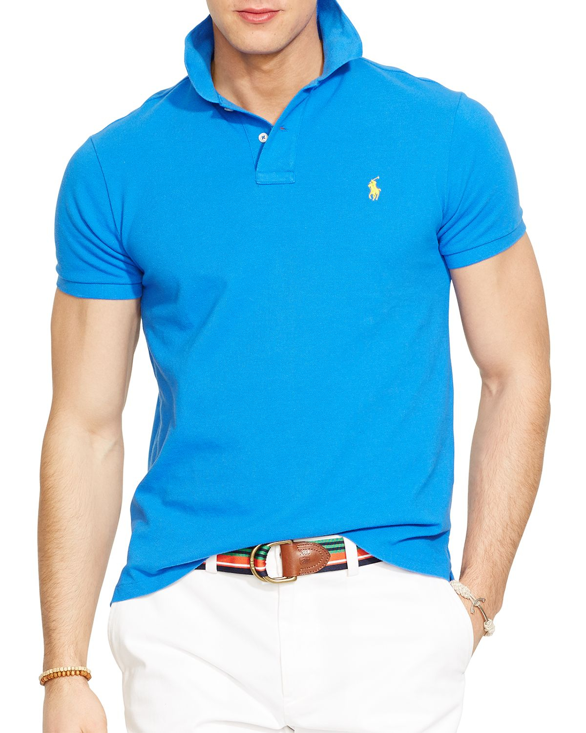 Lyst - Ralph Lauren Polo Custom Fit Mesh Polo Shirt - Slim Fit in Blue ...