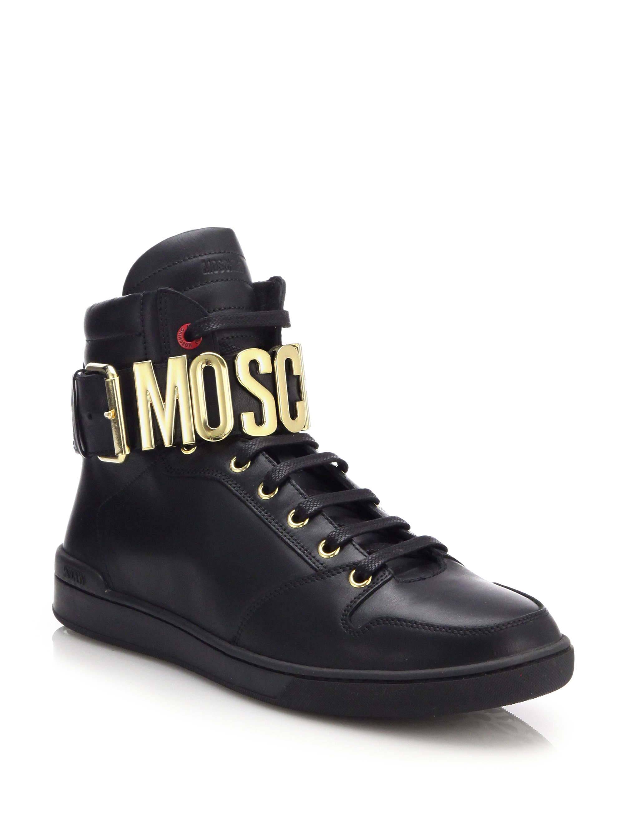 Lyst - Moschino Logo Ankle Strap Leather High-Top Sneakers in Black for Men