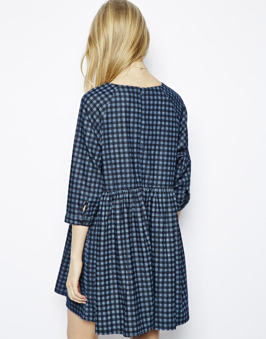 Lyst Asos Denim Check Smock Dress In Blue