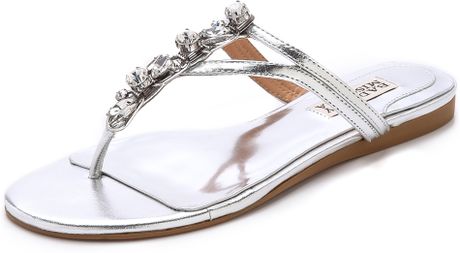 Badgley Mischka Kittie Jeweled Flat Sandals in Silver | Lyst