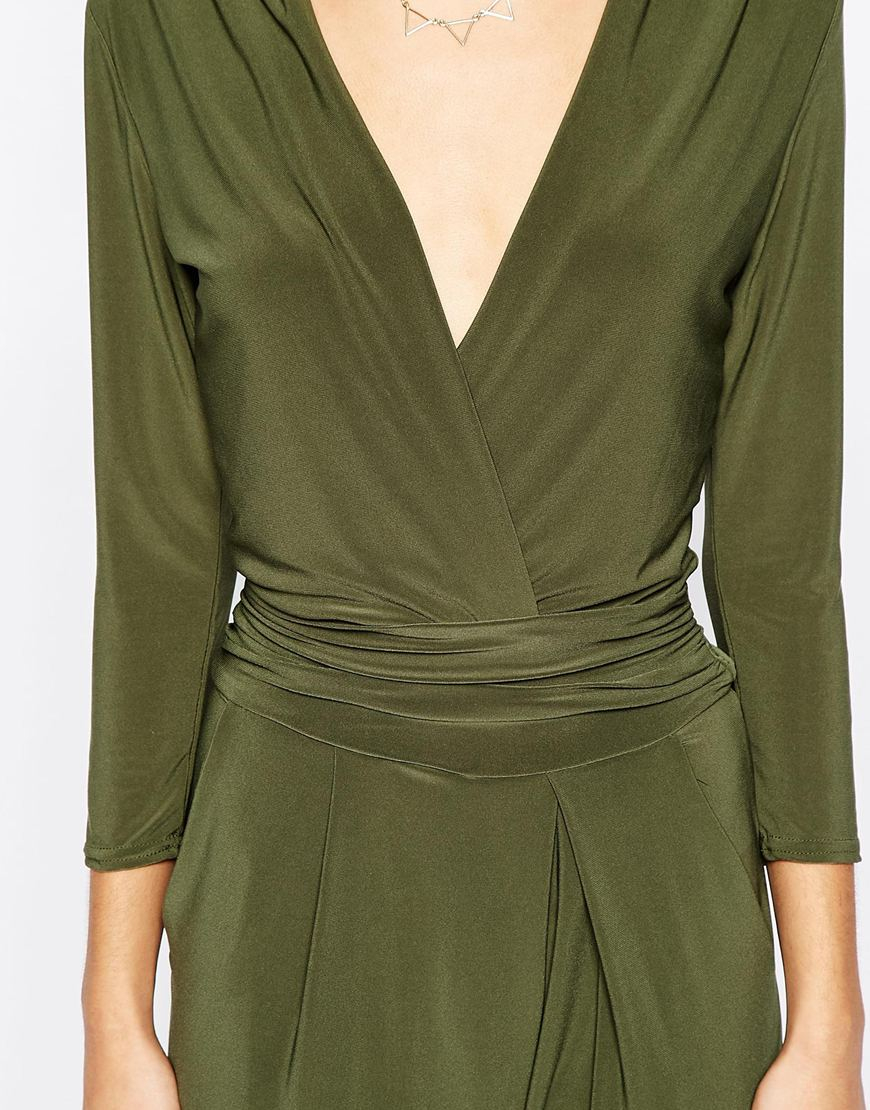 Lyst - Never Fully Dressed Deep Plunge Neck Jumpsuit With Wrap Front And 3/4 Sleeve in Natural