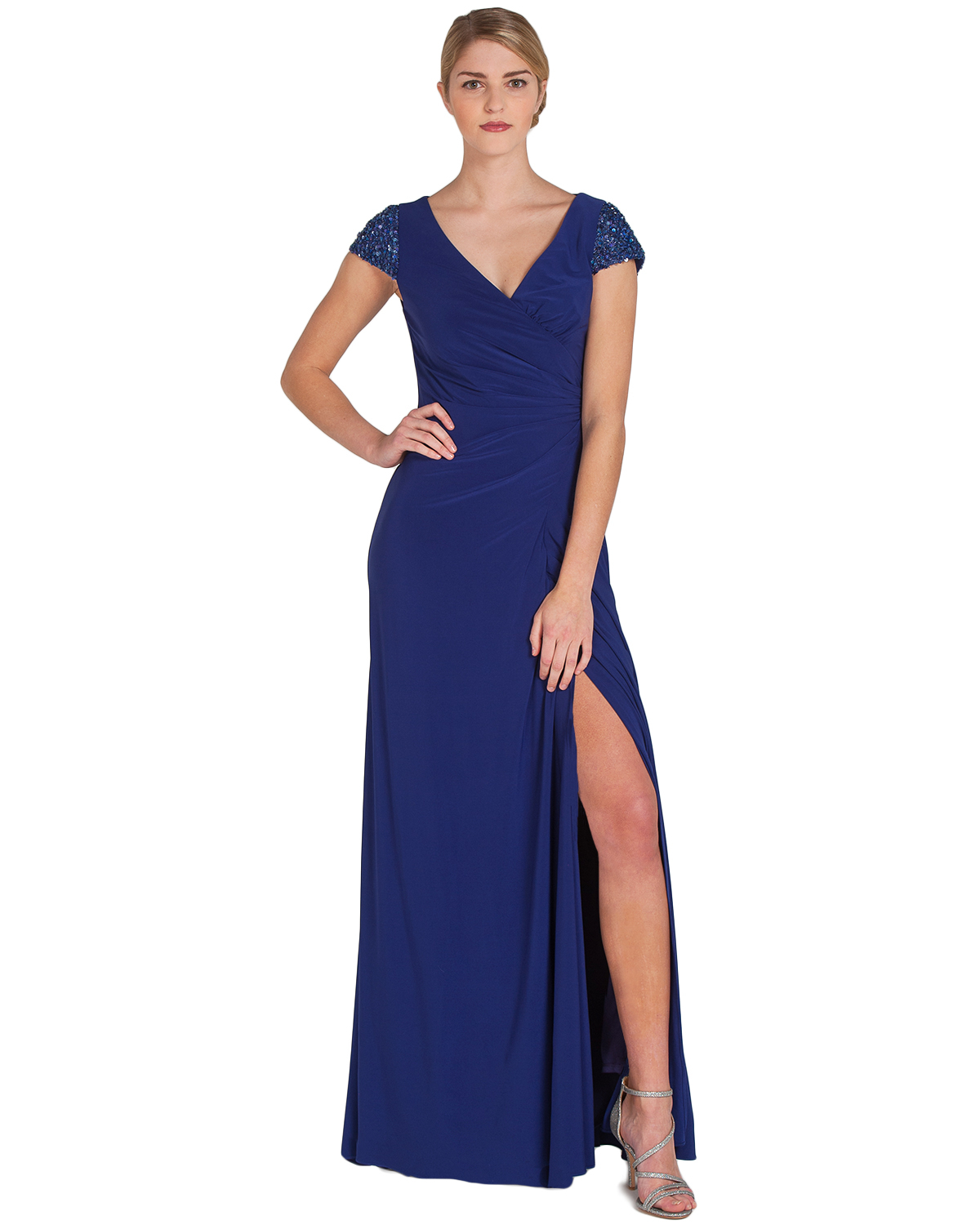 badgley mischka beaded cap sleeve gown