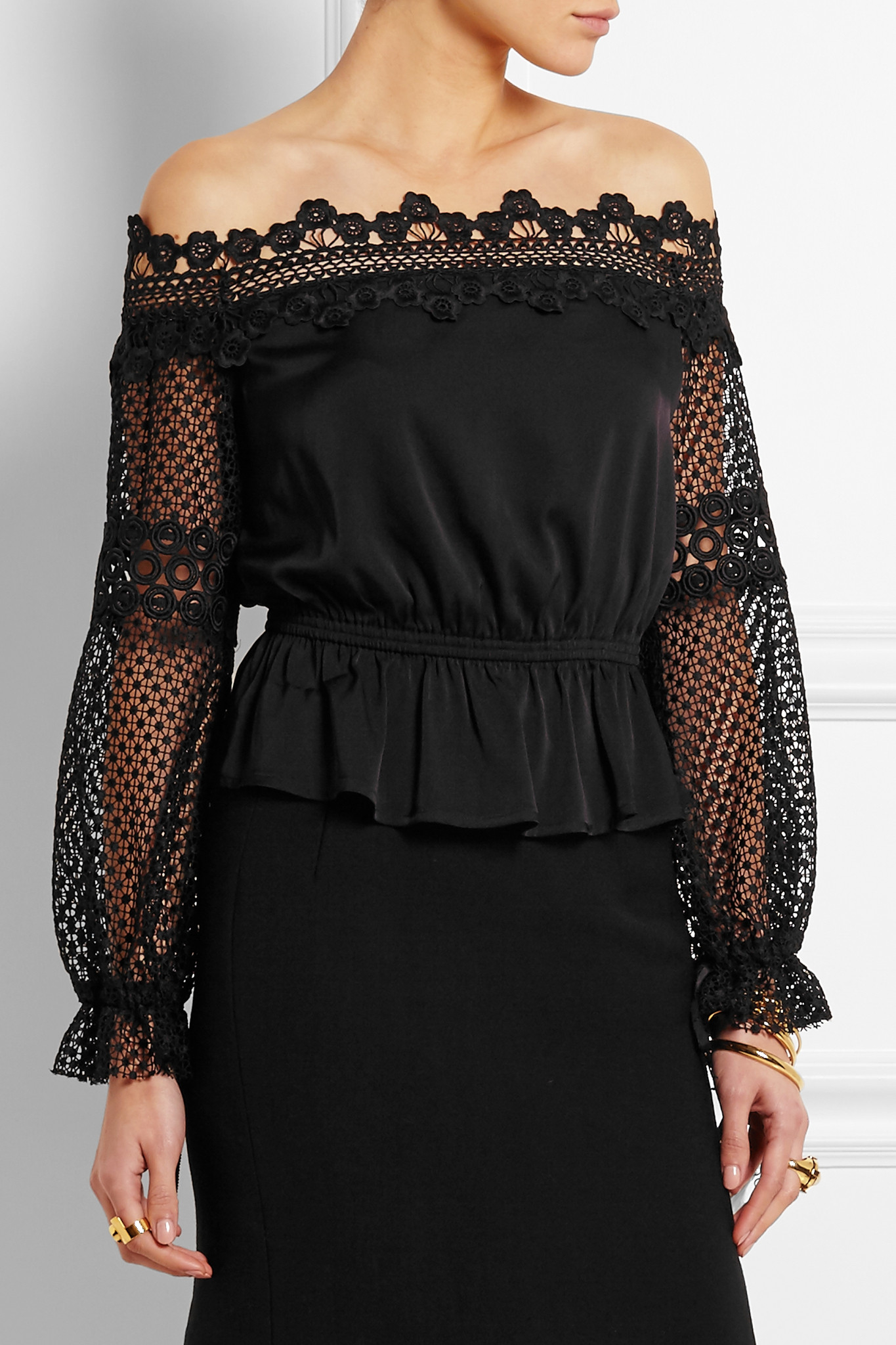 Self Portrait Off The Shoulder Guipure Lace And Crepe De Chine Top In Black Lyst 