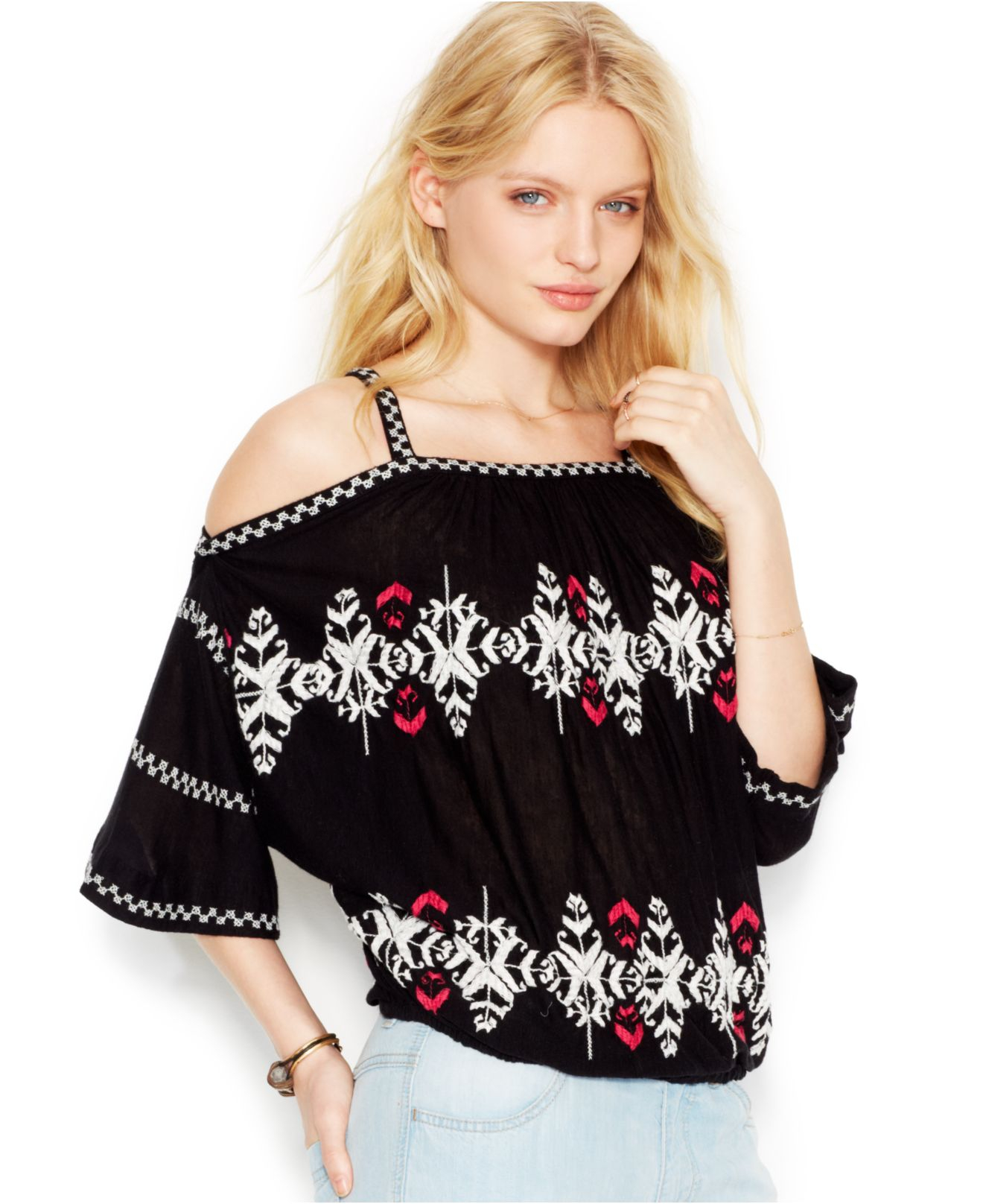 Free people OffTheShoulder Embroidered Peasant Top in Black Lyst