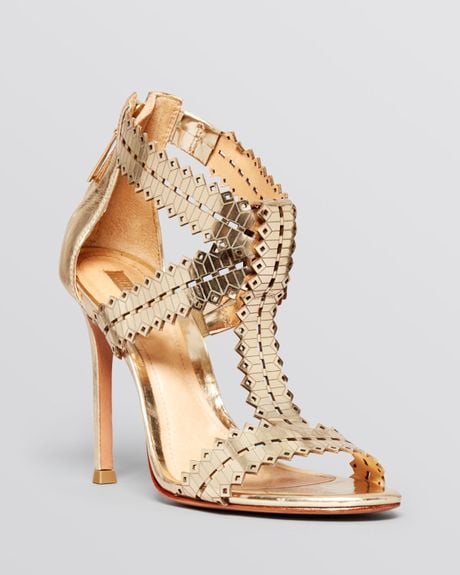 Schutz Open Toe Sandals Goodness High Heel in Gold | Lyst