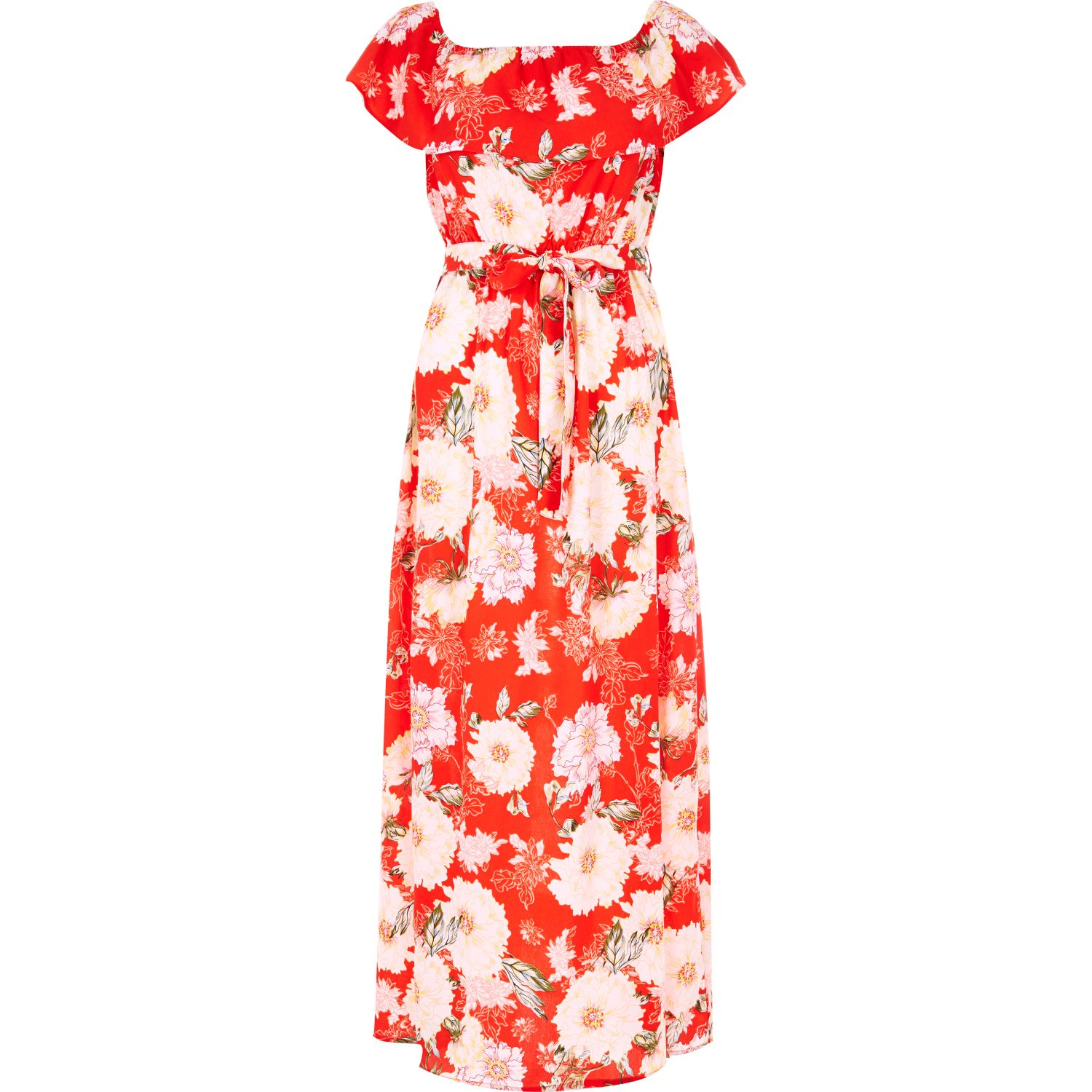 Lyst - River Island Red Floral Print Bardot Maxi Dress in Red