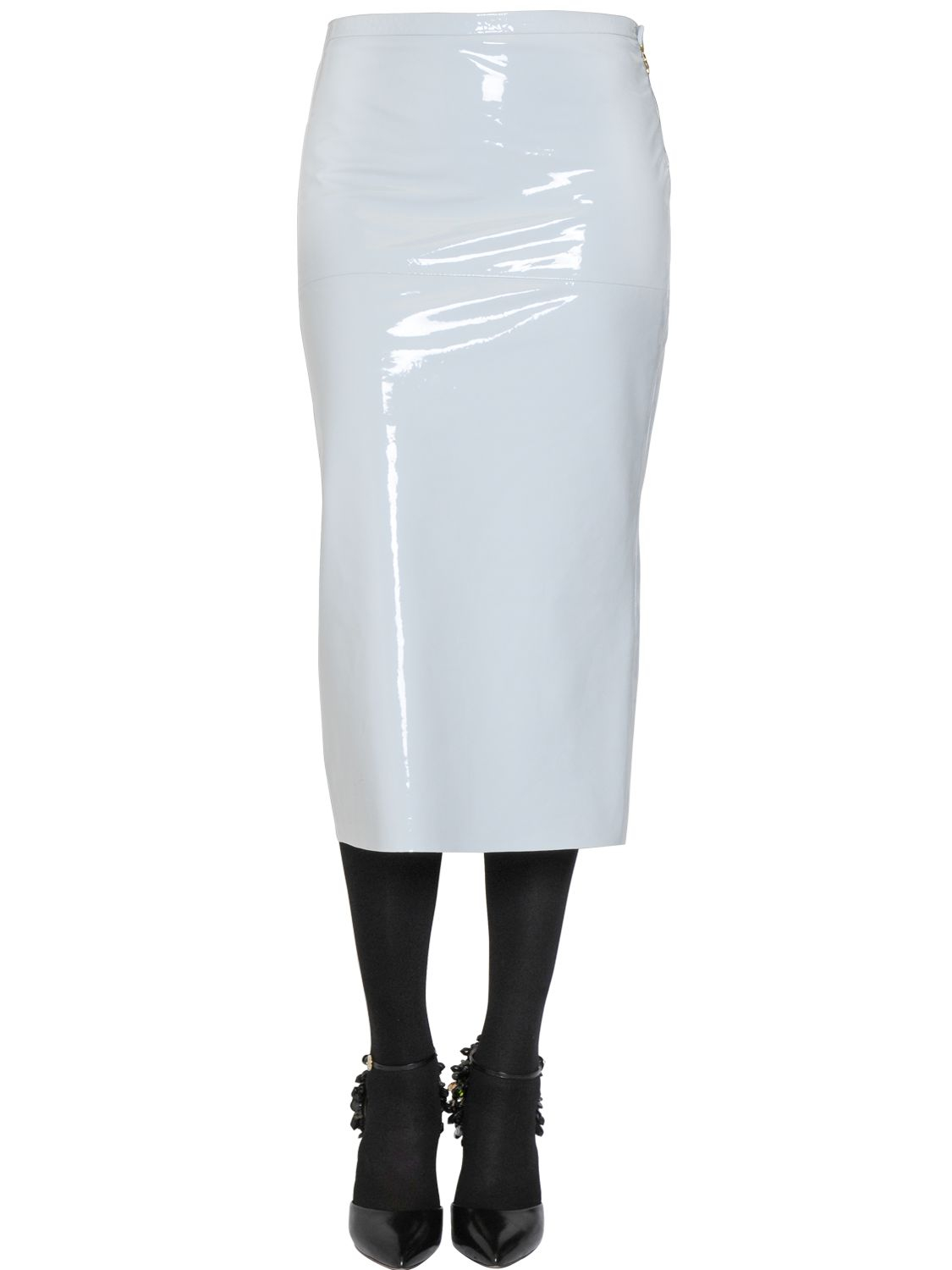 light blue leather skirt
