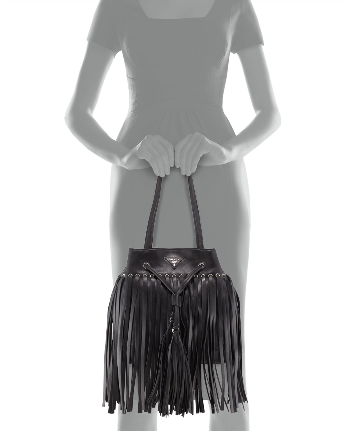 Prada Soft Calf Leather Fringe Bucket Bag in Black (Black (Nero ...