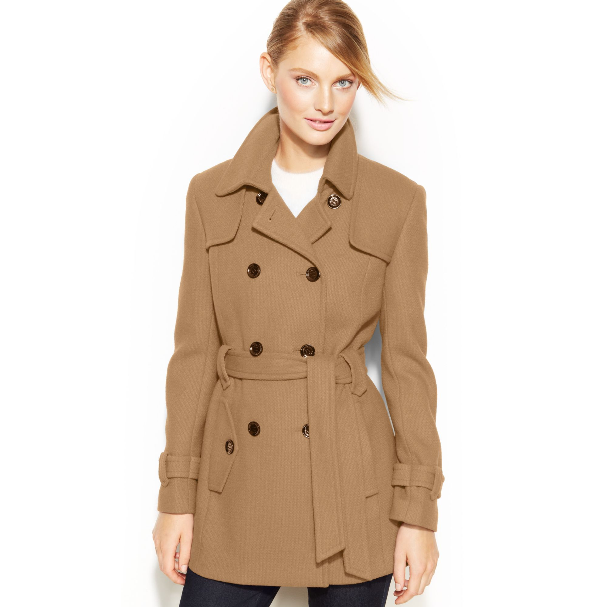 Calvin Klein Double-Breasted Belted Pea Coat in Brown (Camel) | Lyst