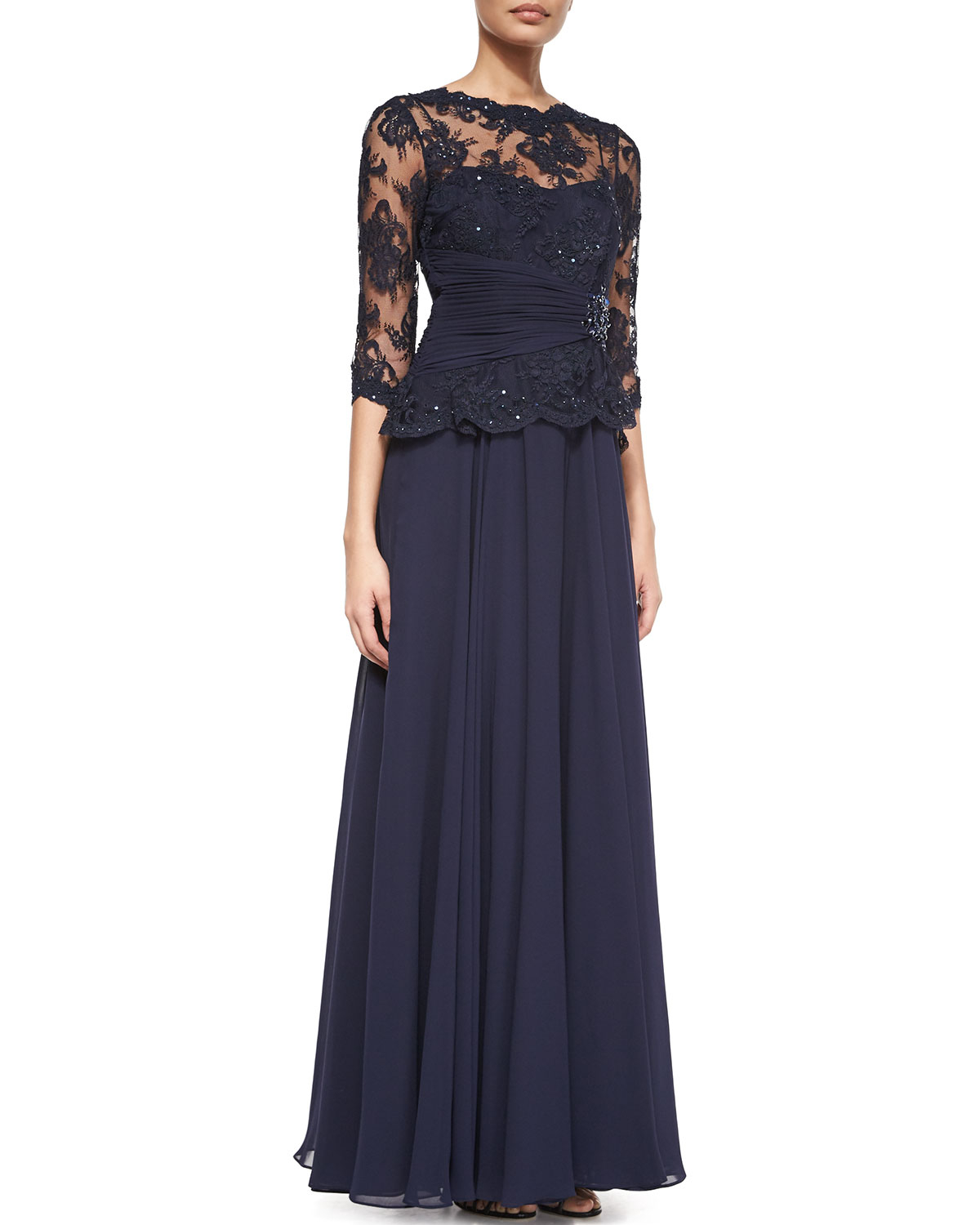 Teri jon 3/4-sleeve Lace Chiffon Peplum Gown in Blue | Lyst