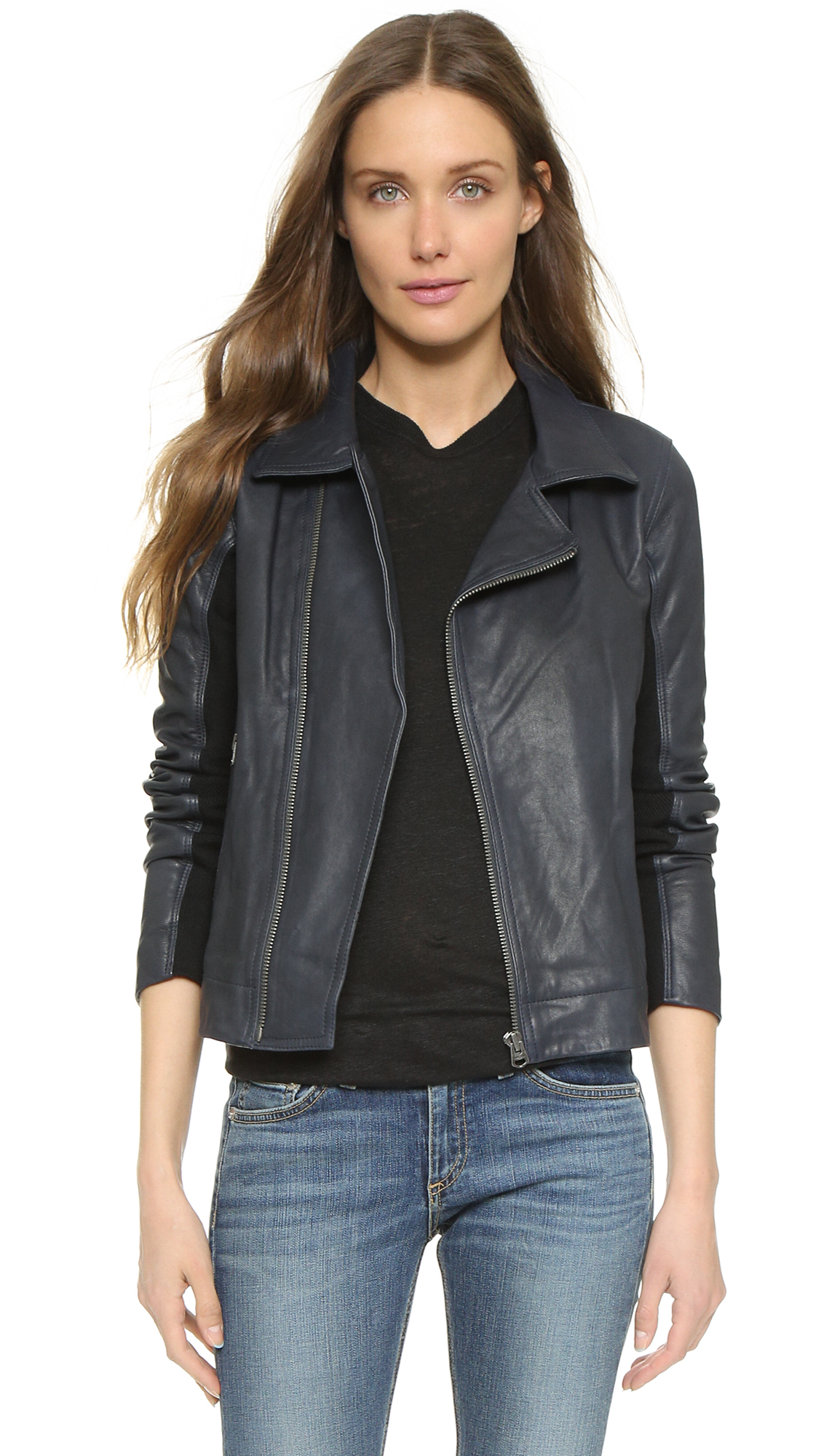 June Slim Fit Leather Moto Jacket Navy In Blue Lyst Gallery