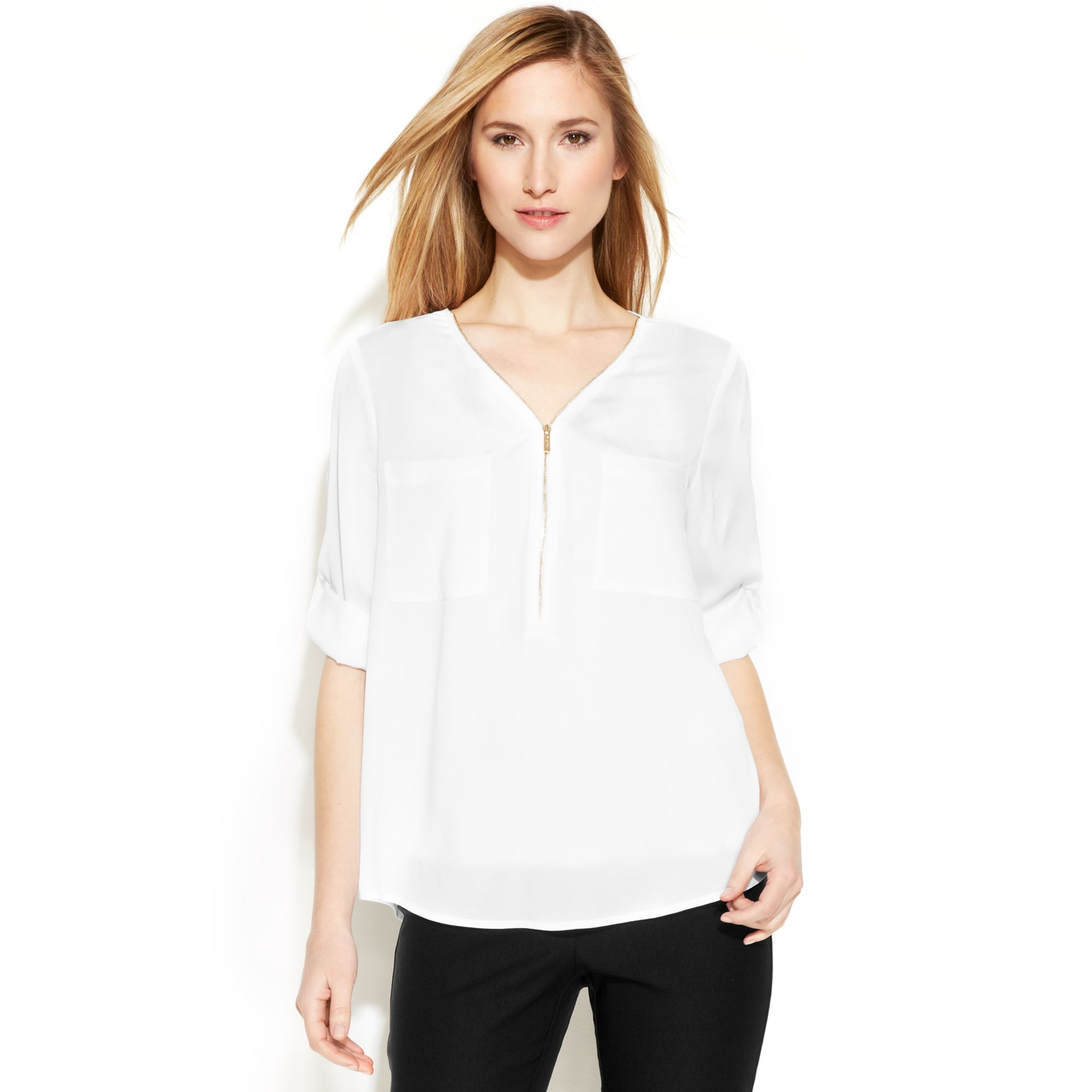 Calvin Klein Long-Sleeve Zip V-Neck Blouse in White (Soft White) | Lyst