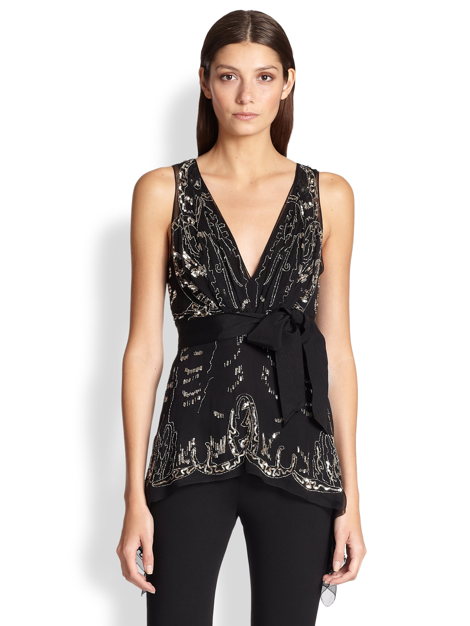 Donna Karan Embroidered Silk Blouse In Black Lyst