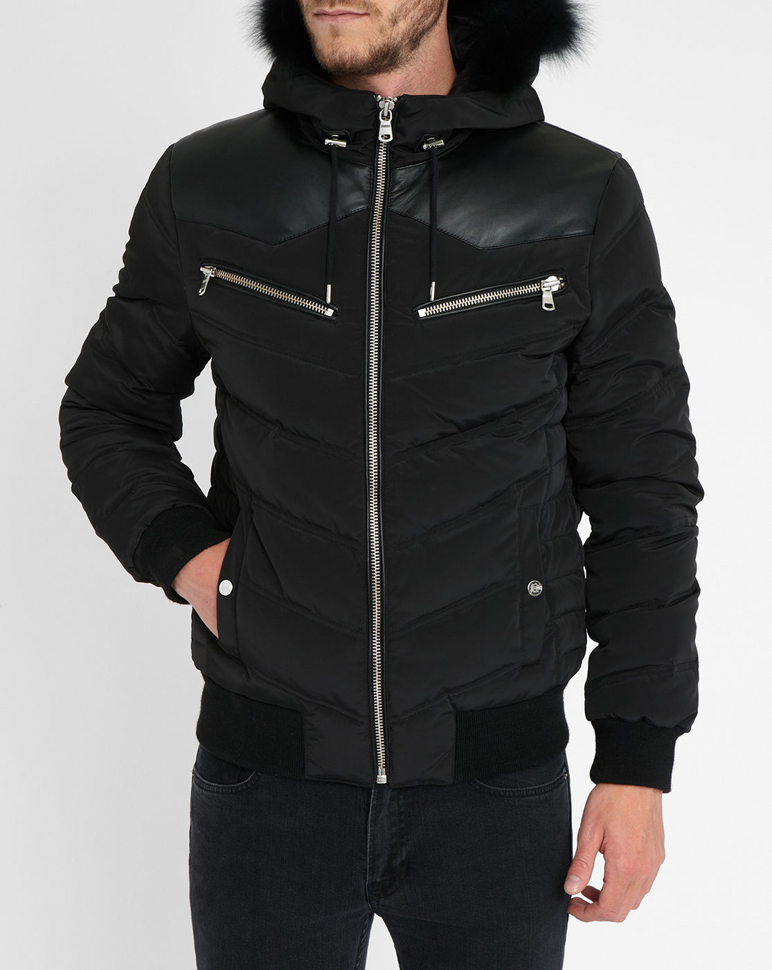 The kooples sport Black Flannel Down Jacket And Black Leather Detail in ...