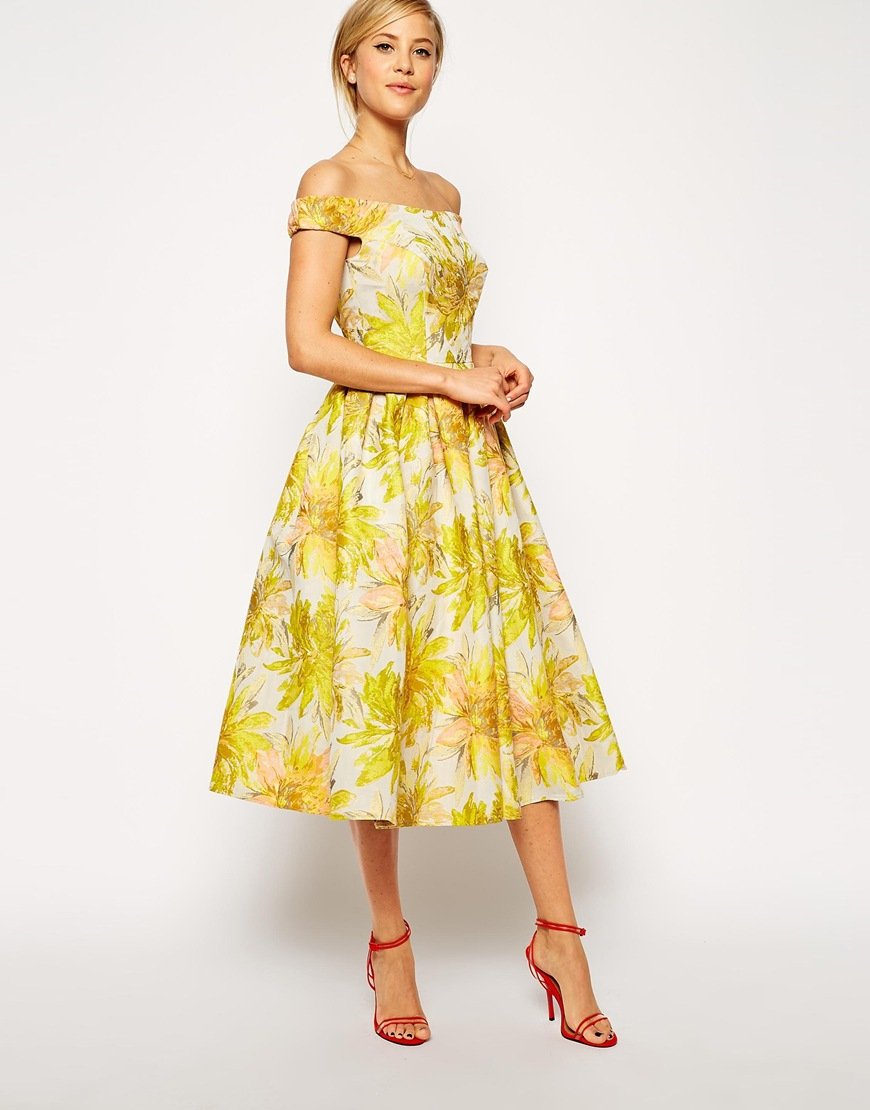 Lyst Asos  Sunflower Bardot Midi Prom  Dress  in Yellow