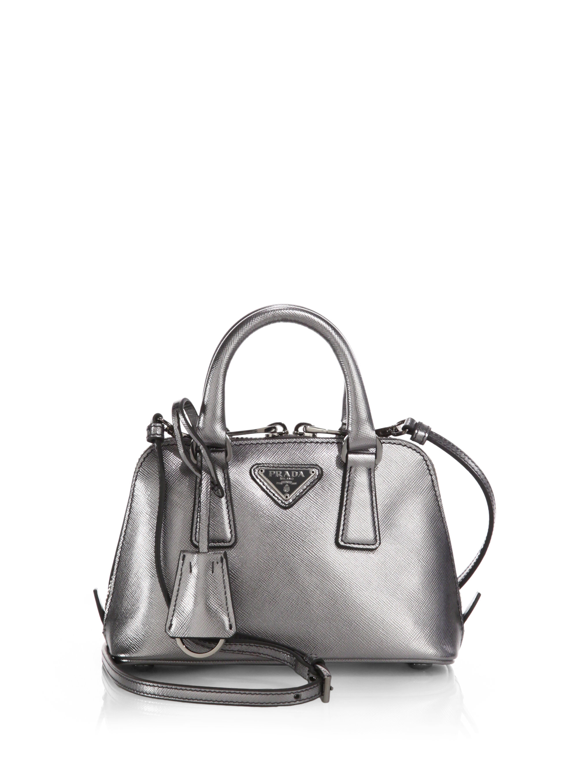 Prada Saffiano Lux Mini Promenade Bag in Silver (CROMO-SILVER) | Lyst