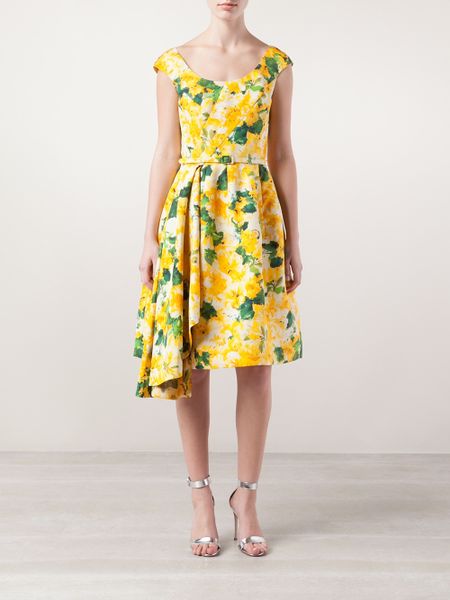 Oscar De La Renta Floral Pleated Dress in Yellow (yellow & orange) | Lyst